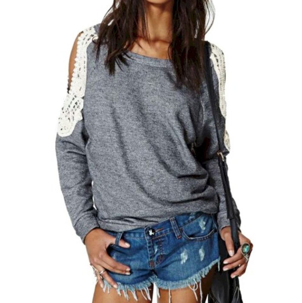 Solemio Los Angeles Cold Shoulder Crochet Top Sweatshirt Size S Gray Long Sleeve